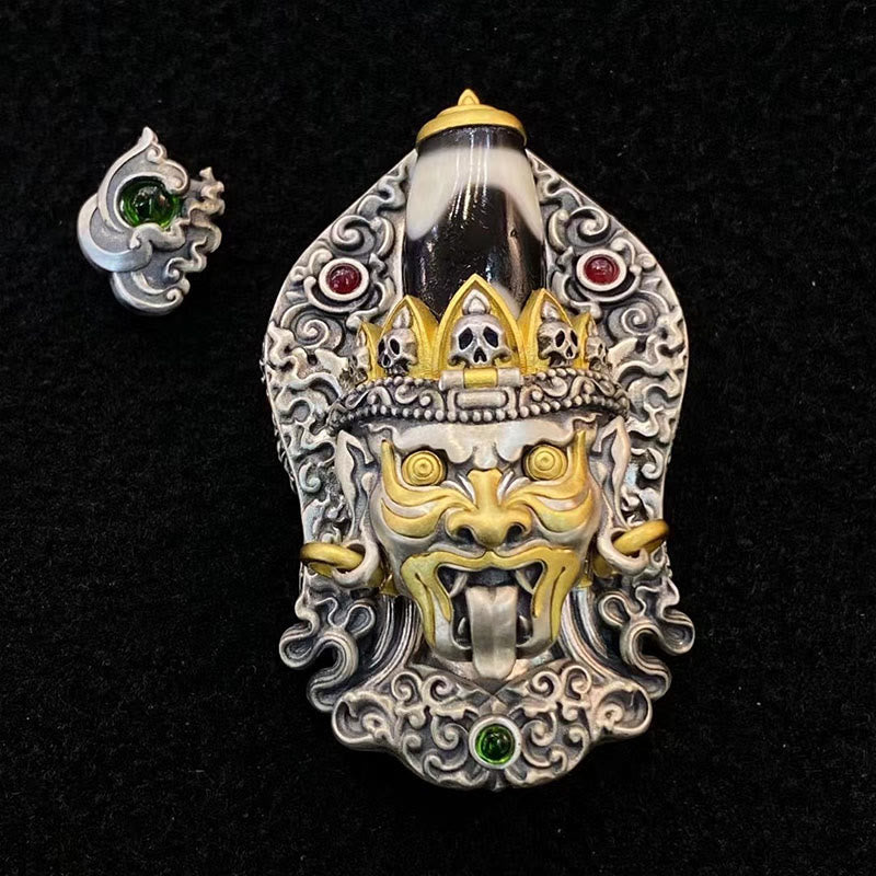 Collar con colgante de protección de cuentas Dzi de la diosa de la riqueza tibetana Zakiram de plata de ley 925 con Buddha Stones