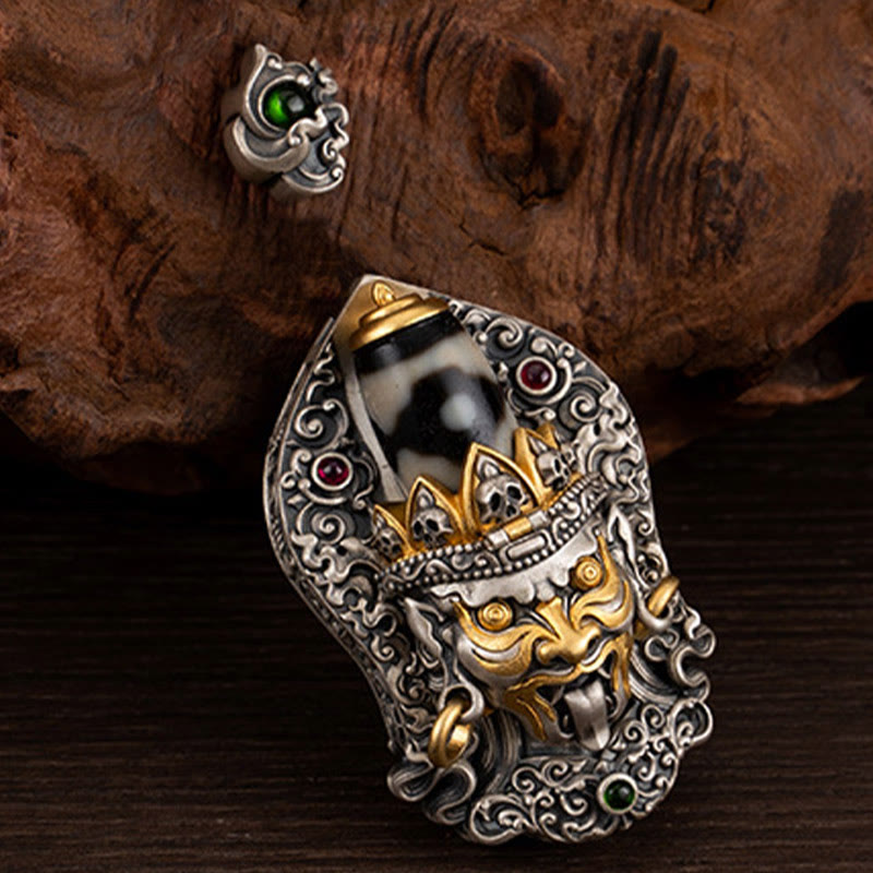 Collar con colgante de protección de cuentas Dzi de la diosa de la riqueza tibetana Zakiram de plata de ley 925 con Buddha Stones