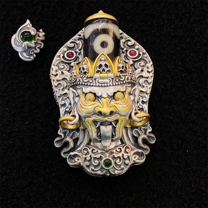 Collar con colgante de protección de cuentas Dzi de la diosa de la riqueza tibetana Zakiram de plata de ley 925 con Buddha Stones