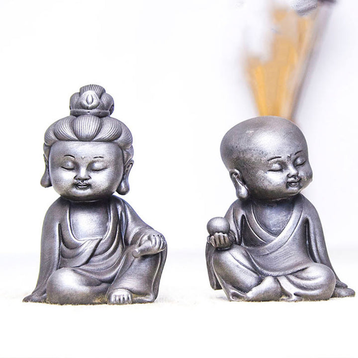 Buddha Stones hechas a mano Ksitigarbha Kwan Yin Guanyin Avalokitesvara Tathagata polvo de hierro estatua de resina fundida óxido decoración del hogar