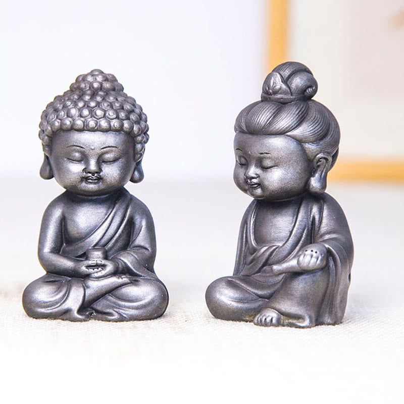 Buddha Stones hechas a mano Ksitigarbha Kwan Yin Guanyin Avalokitesvara Tathagata polvo de hierro estatua de resina fundida óxido decoración del hogar