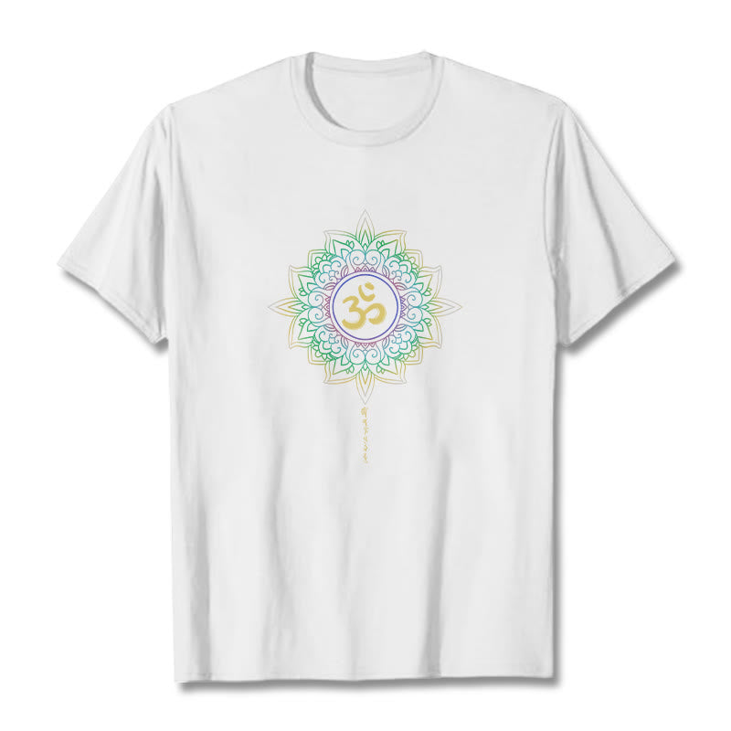Camiseta de algodón con diseño de loto en degradado verde y amarillo con Buddha Stones OM - Blanco - 2XL - image 11