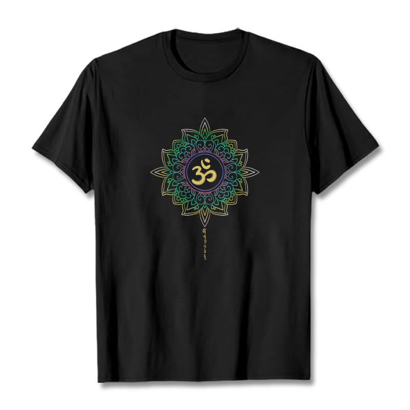 Camiseta de algodón con diseño de loto en degradado verde y amarillo con Buddha Stones OM - Negro - 2XL - image 3