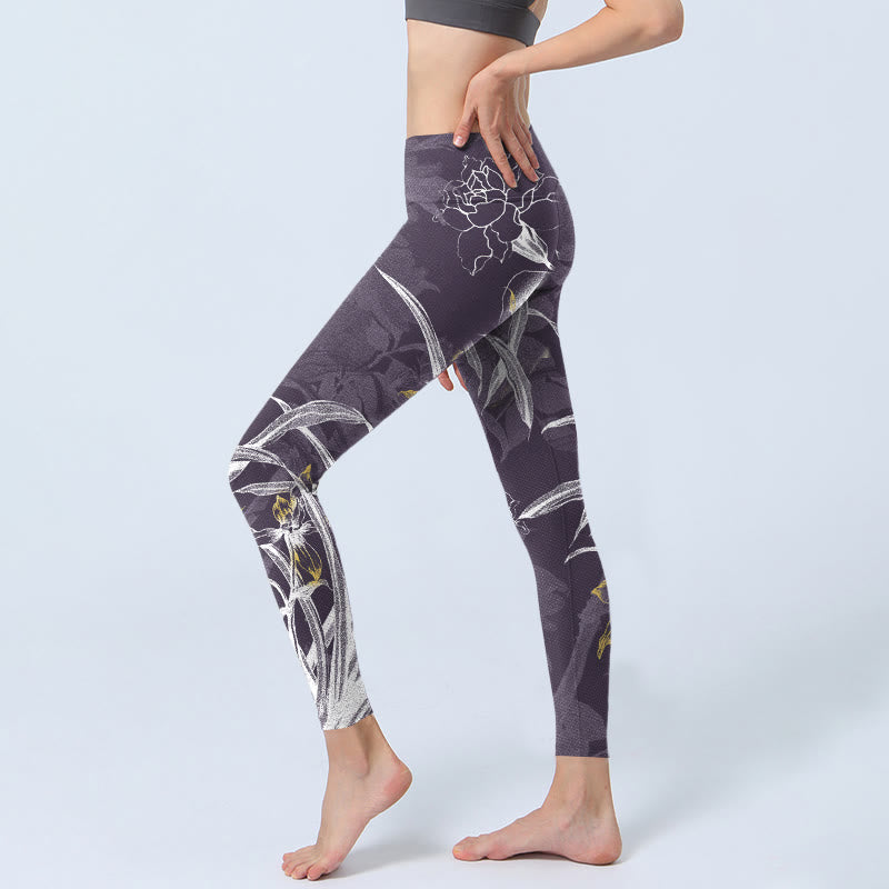 Leggings de yoga para mujer con Buddha Stones, flores de orquídea y rosas - image 3
