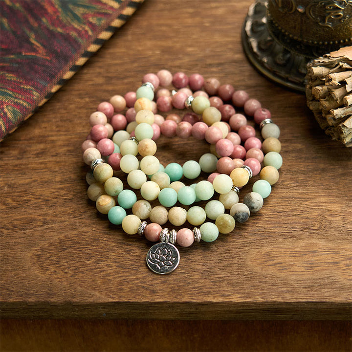 Pulsera de compasión de loto con cuentas de amazonita y rodonita de 108 Buddha Stones