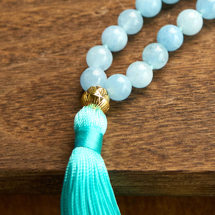 Pulsera de curación de loto con borlas de aguamarina y piedra natural de 108 cuentas de mala de Buddha Stones