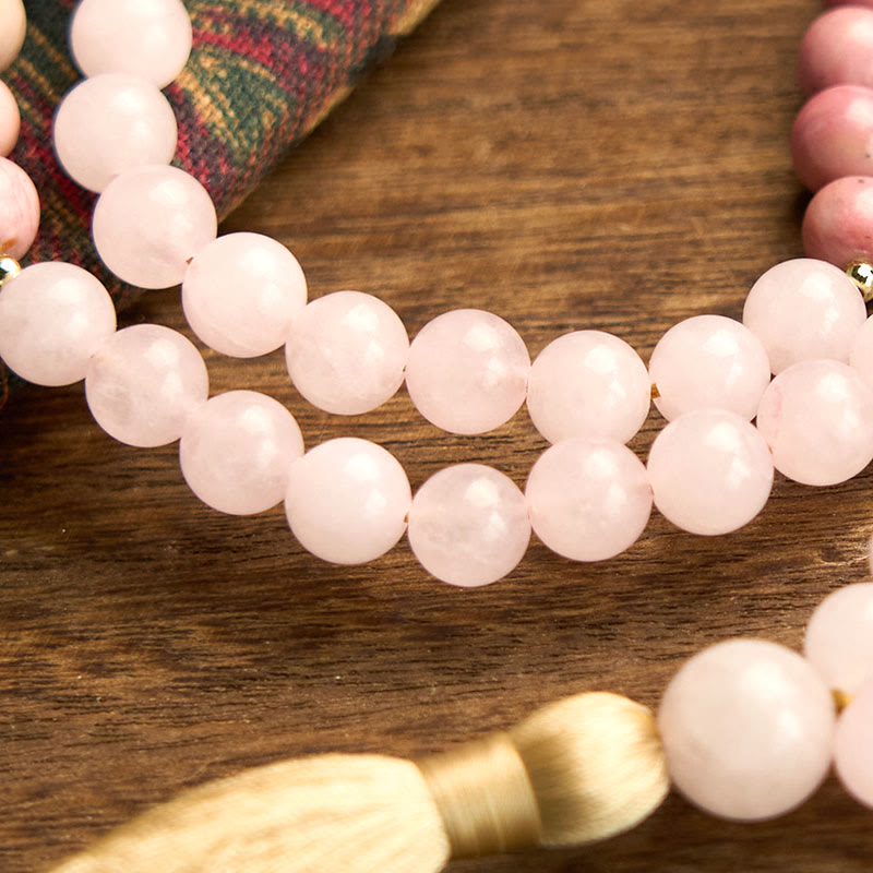 Pulsera curativa con borlas de cuarzo rosa y rodonita con 108 cuentas de mala de Buddha Stones