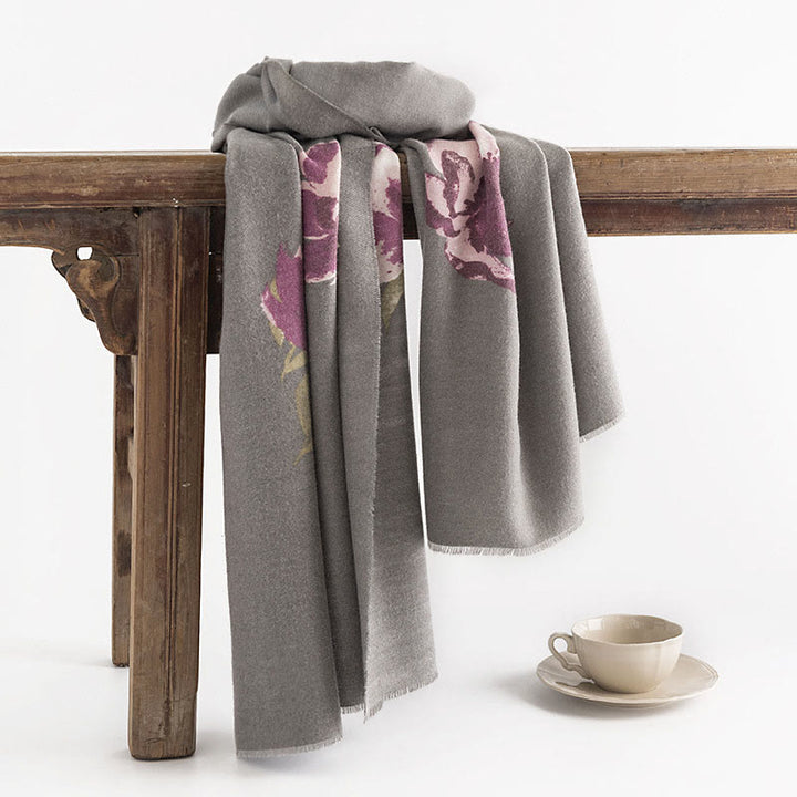 Chal con estampado de flores moradas tibetanas y Buddha Stones, cálido para otoño e invierno, para viajes