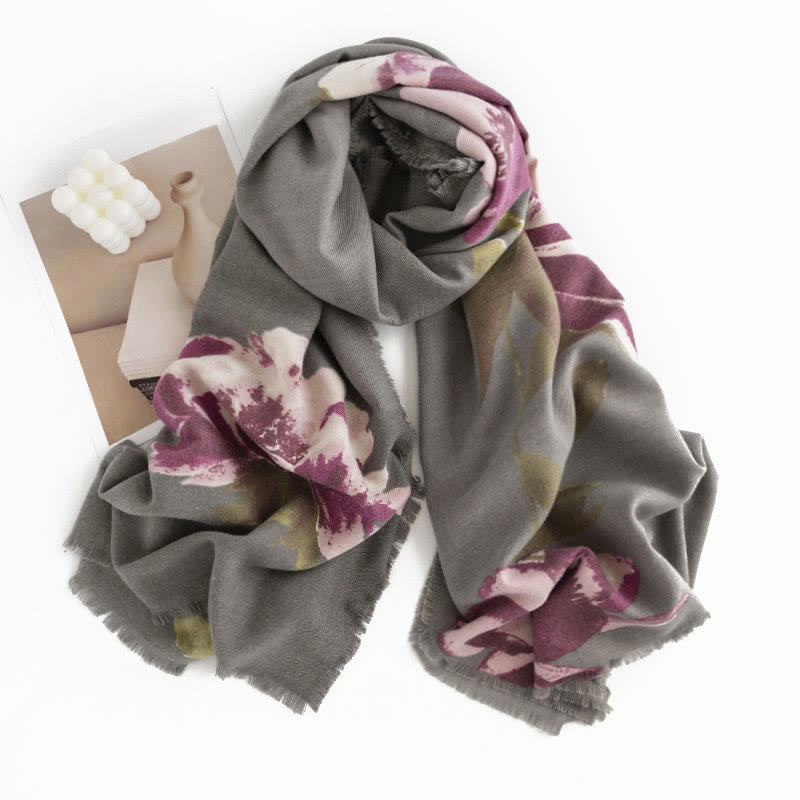 Chal con estampado de flores moradas tibetanas y Buddha Stones, cálido para otoño e invierno, para viajes