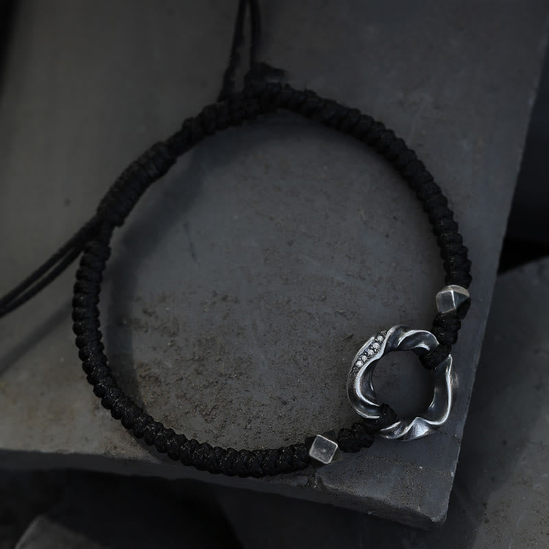 Pulsera de protección con cuerda de cera negra y hebilla de paz de plata de ley 999 con Buddha Stones - image 1