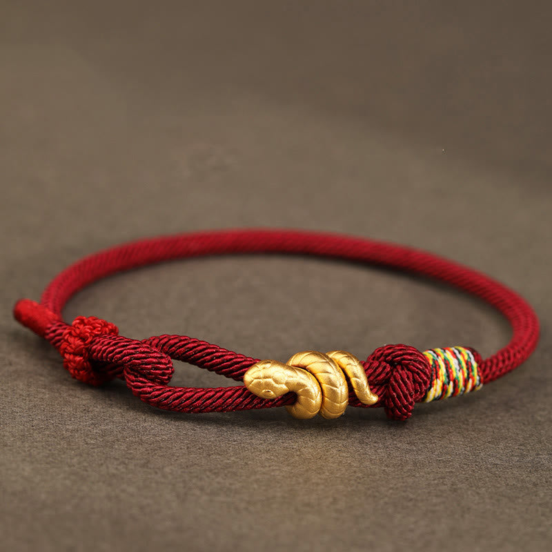 Pulsera trenzada de cuerda con diseño del año de la serpiente en oro 999 con Buddha Stones y protección de la suerte hecha a mano - Rojo oscuro - 17-19 cm - Oro 0,48 g - image 0