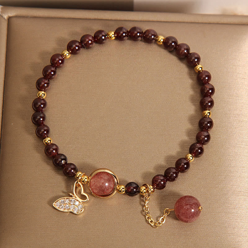 Pulsera de protección con forma de mariposa y cuarzo fresa y granate natural de Buddha Stones