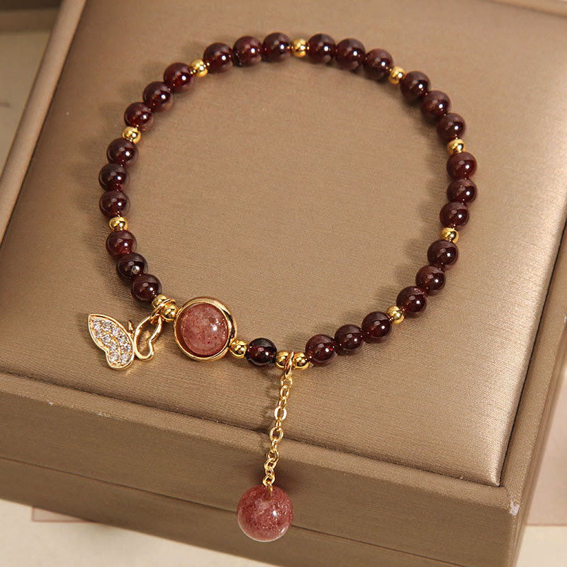 Pulsera de protección con forma de mariposa y cuarzo fresa y granate natural de Buddha Stones