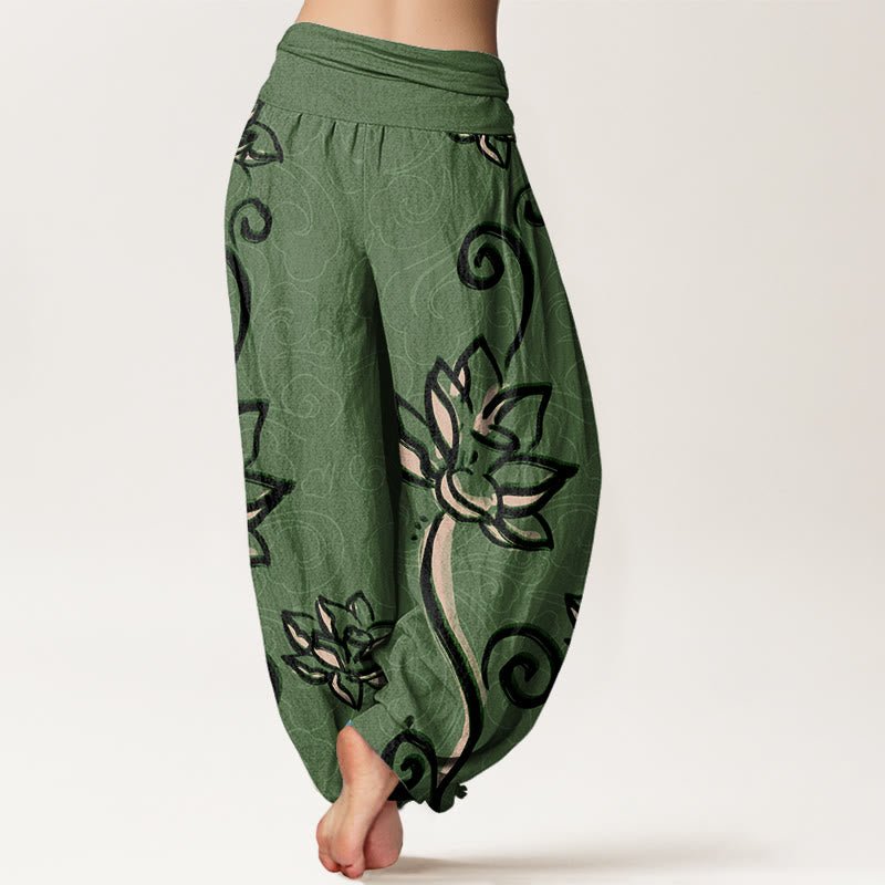 Pantalones harén con cintura elástica para mujer, diseño informal de nubes auspiciosas y Buddha Stones - image 2