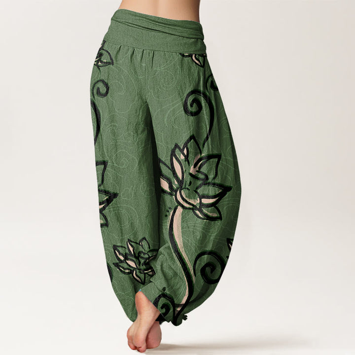 Pantalones harén con cintura elástica para mujer, diseño informal de nubes auspiciosas y Buddha Stones - image 2