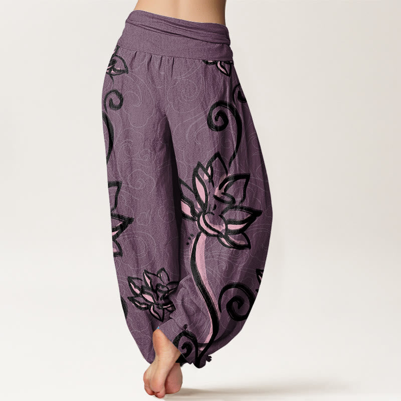 Pantalones harén con cintura elástica para mujer, diseño informal de nubes auspiciosas y Buddha Stones - image 9