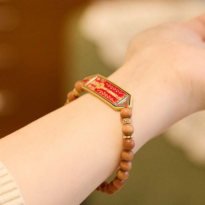 Pulsera de armonía con caracteres chinos Bagua Yin Yang de cobre bañado en oro con cuentas de madera de sándalo y Buddha Stones
