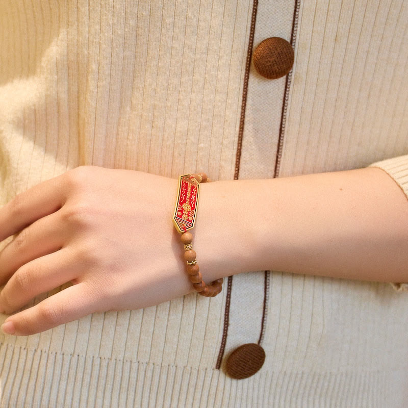 Pulsera de armonía con caracteres chinos Bagua Yin Yang de cobre bañado en oro con cuentas de madera de sándalo y Buddha Stones