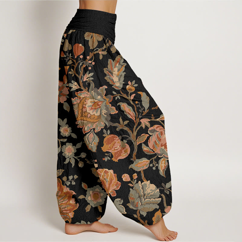 Pantalones harén con cintura elástica para mujer, diseño informal con flores y capullos en flor y Buddha Stones - image 3