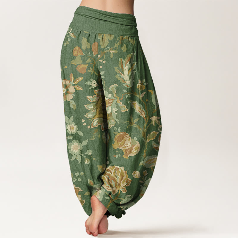 Pantalones harén con cintura elástica para mujer, diseño informal con flores y capullos en flor y Buddha Stones - image 6
