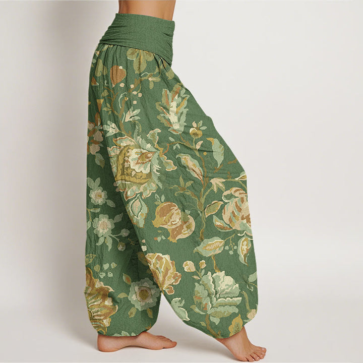 Pantalones harén con cintura elástica para mujer, diseño informal con flores y capullos en flor y Buddha Stones - image 7