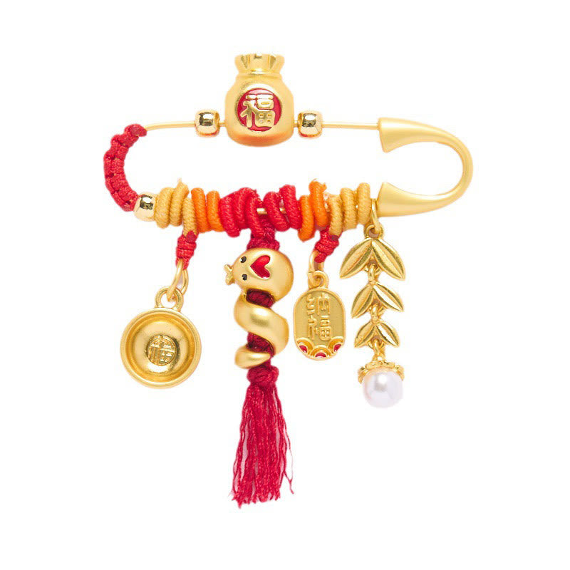 Broche de bolsa de la suerte con Buddha Stones, de cobre, con forma de año de la serpiente y picos de cuerda