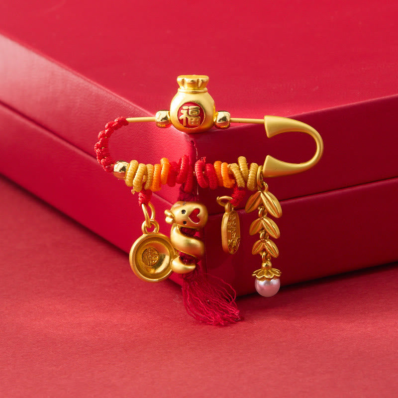 Broche de bolsa de la suerte con Buddha Stones, de cobre, con forma de año de la serpiente y picos de cuerda