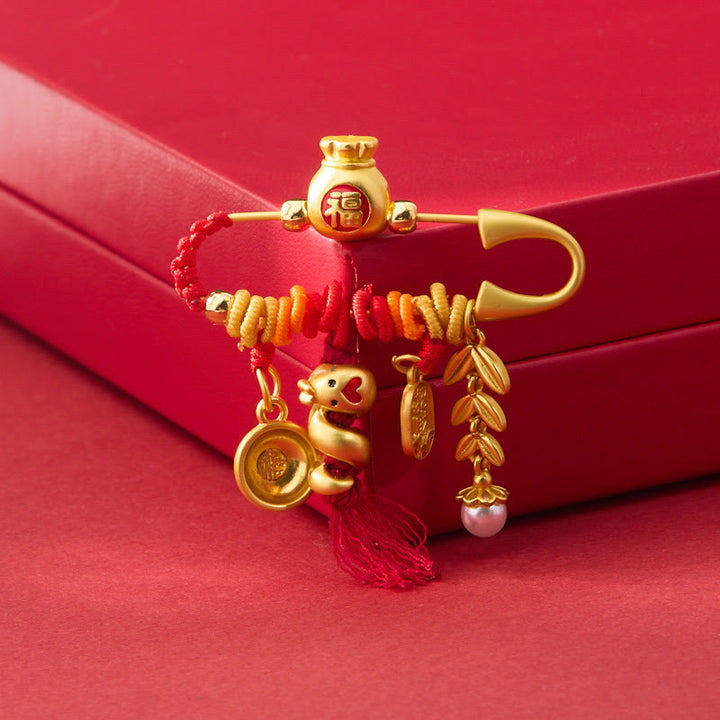 Broche de bolsa de la suerte con Buddha Stones, de cobre, con forma de año de la serpiente y picos de cuerda