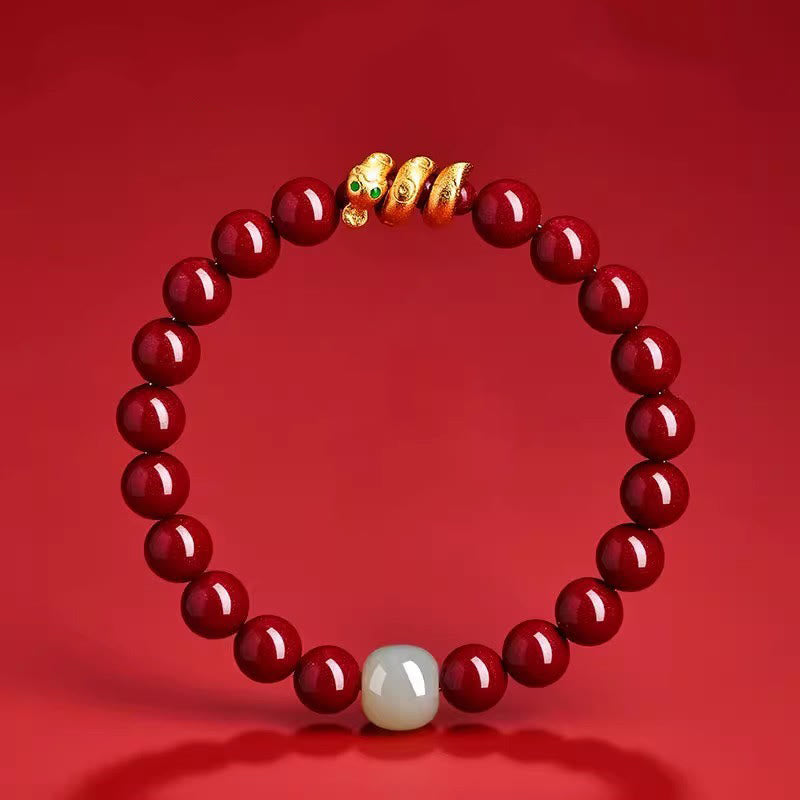 Pulsera de bendición del año de la serpiente con cuentas de cinabrio y Buddha Stones de jade hetiano