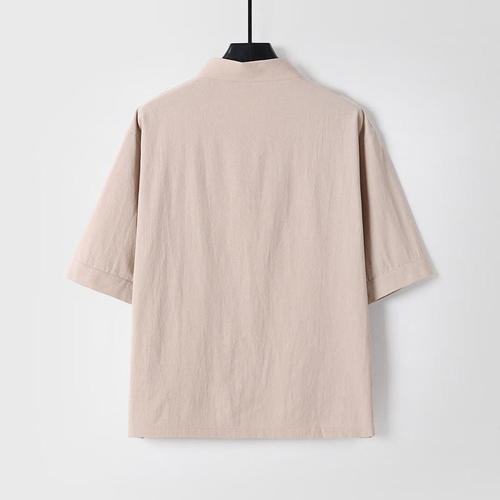 Buddha Stones Camisa informal de lino y algodón con botones delanteros y mangas tres cuartos de color liso para hombre con bolsillos