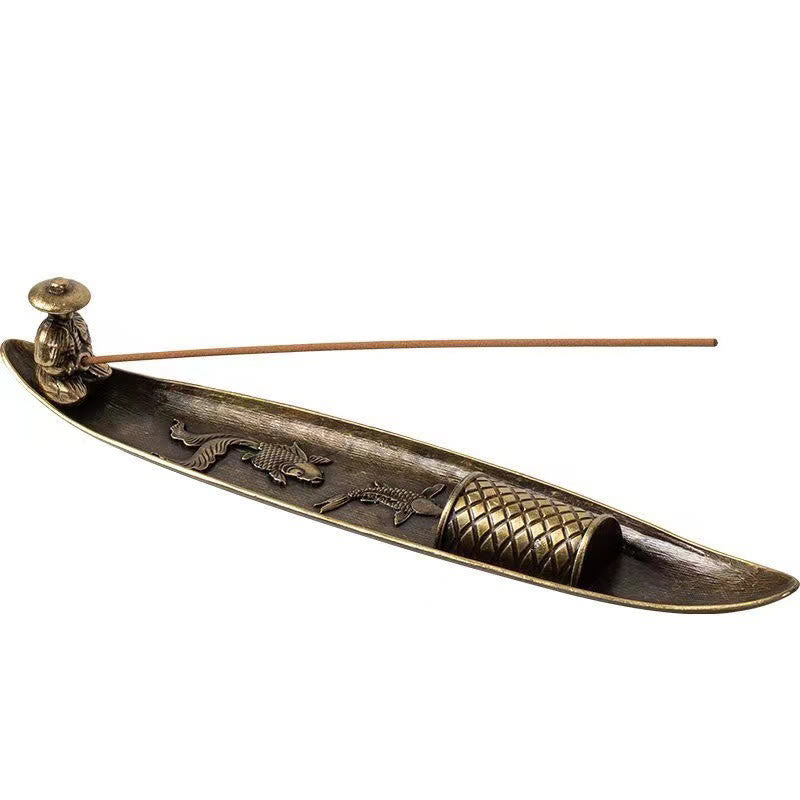 Quemador de incienso de aleación de zinc con forma de pez koi y barco de pescador con Buddha Stones, decoración curativa