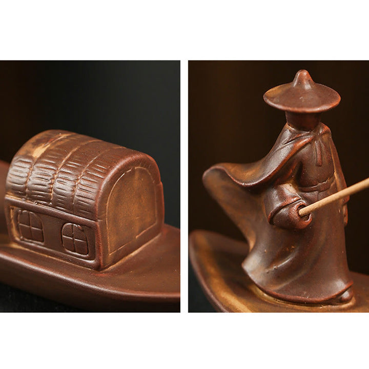 Quemador de incienso de cerámica con Buddha Stones , con forma de pescador, barco de pesca, bambú, curación espiritual, loto