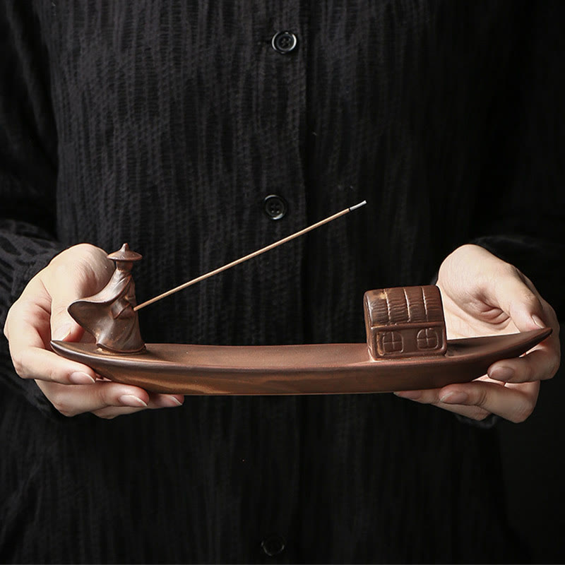 Quemador de incienso de cerámica con Buddha Stones , con forma de pescador, barco de pesca, bambú, curación espiritual, loto