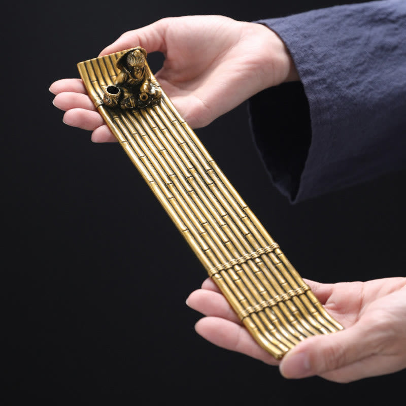 Quemador de incienso de aleación con forma de barco de pesca de bambú y Buddha Stones, quemador de incienso curativo, decoración