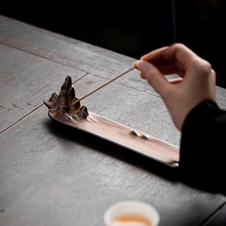 Quemador de incienso de cerámica con diseño de barco, montaña y Buddha Stones, curación espiritual