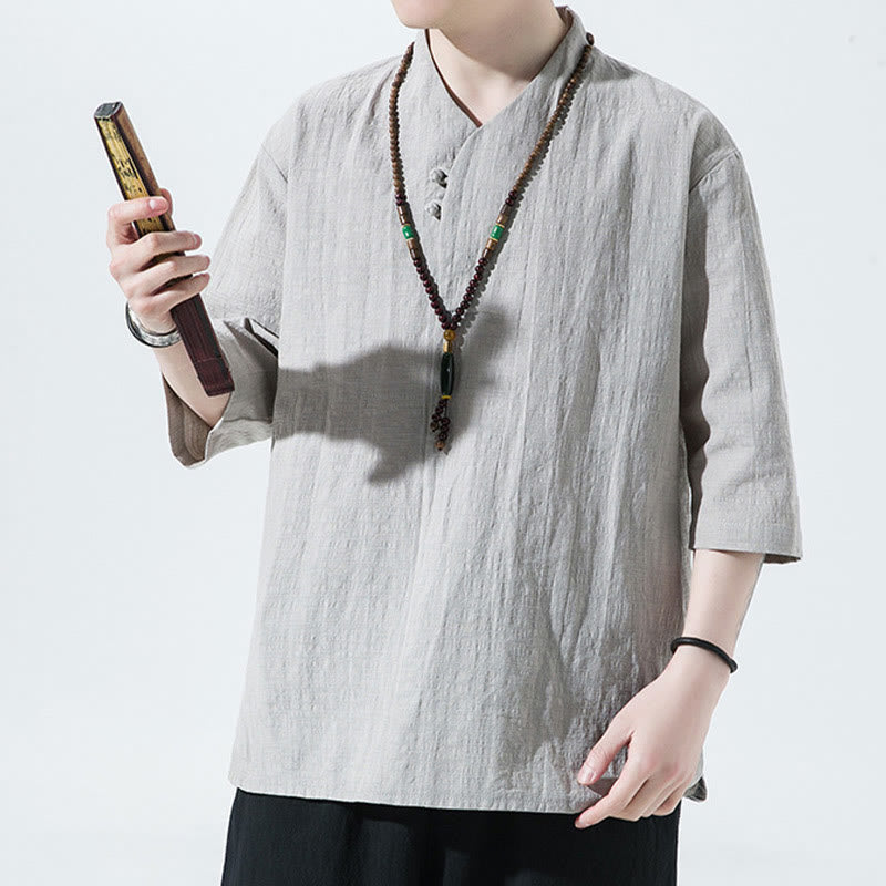 Camisa de lino y algodón con cuello en V, manga tres cuartos y dos botones, informal, de color liso, para hombre con Buddha Stones