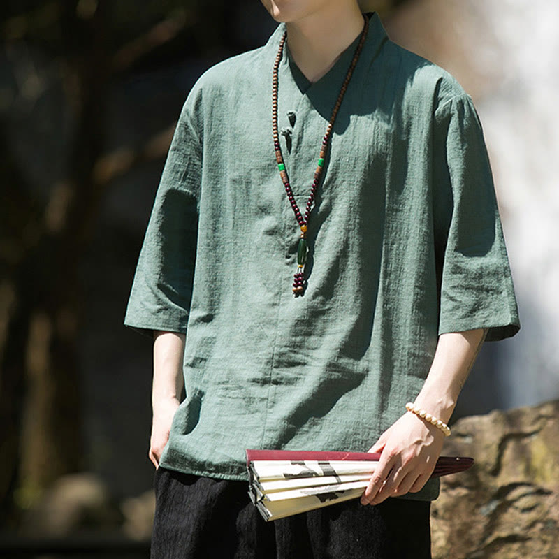 Camisa de lino y algodón con cuello en V, manga tres cuartos y dos botones, informal, de color liso, para hombre con Buddha Stones