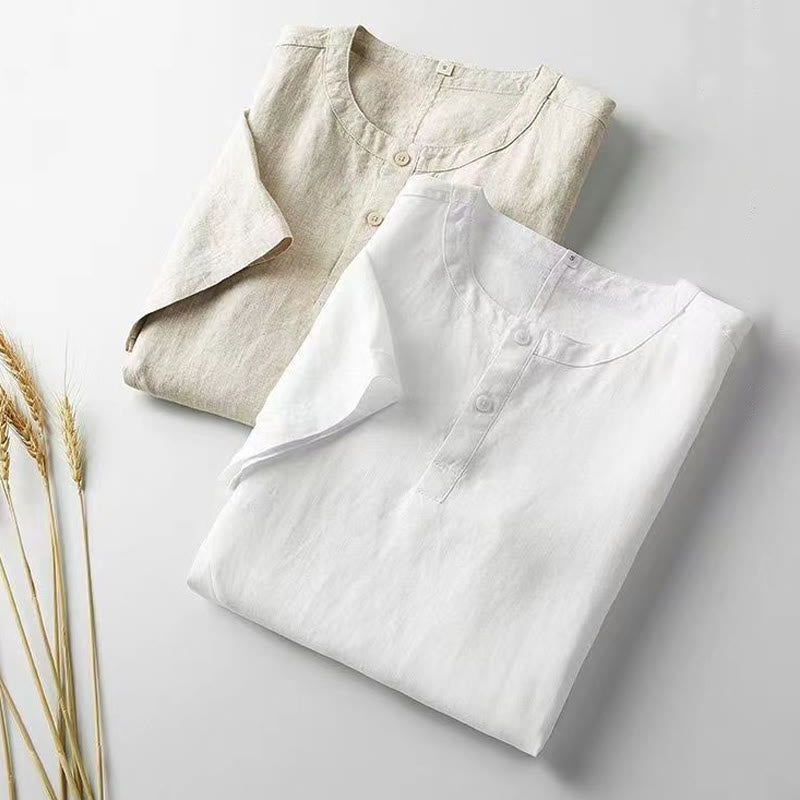 Camisa de lino y algodón con dos botones en la parte superior y manga corta de color liso con Buddha Stones para hombre - image 1