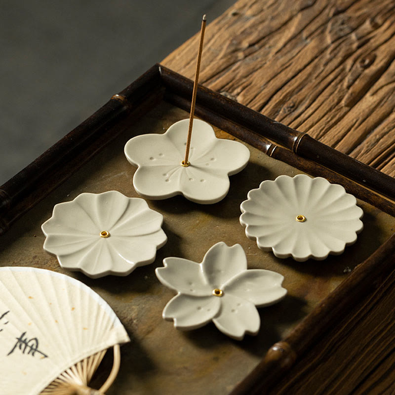 Quemador de incienso de cerámica curativo con Buddha Stones , flor de loto, flor de cerezo, flor de ciruelo y crisantemo