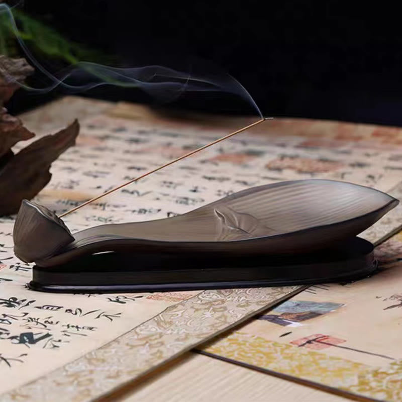 Quemador de incienso de cerámica marrón con forma de vaina de loto y Buddha Stones para curación zen