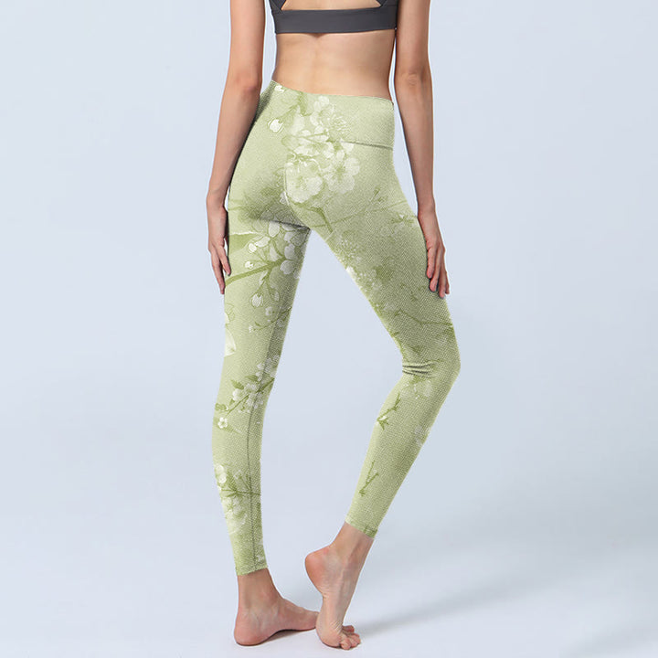 Leggings de yoga para mujer con estampado de flores de ciruelo blancas y Buddha Stones - image 5