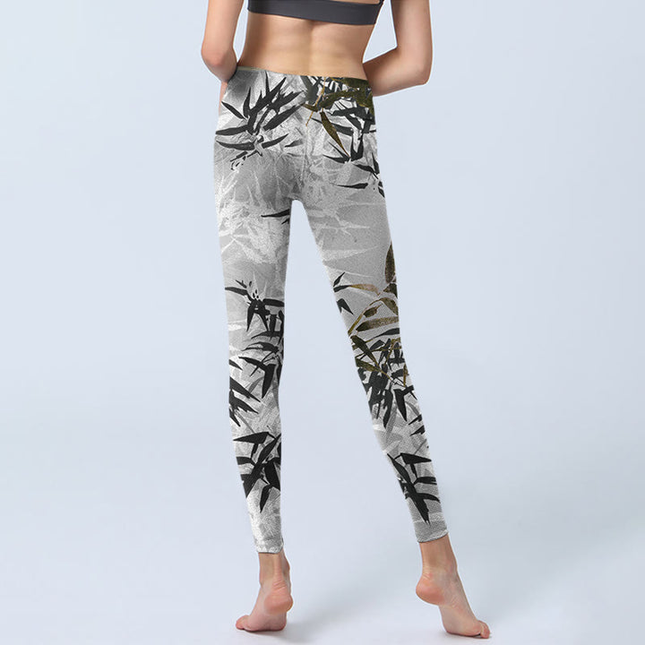 Leggings de yoga para mujer con estampado de hojas de bambú y Buddha Stones en color gris oscuro - image 7