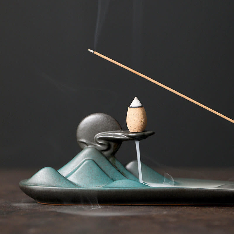 Quemador de incienso de cerámica con forma de conejo, luna y Buddha Stones, PiXiu, para curación de montañas