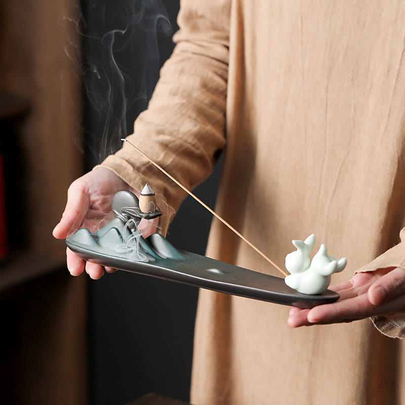 Quemador de incienso de cerámica con forma de conejo, luna y Buddha Stones, PiXiu, para curación de montañas