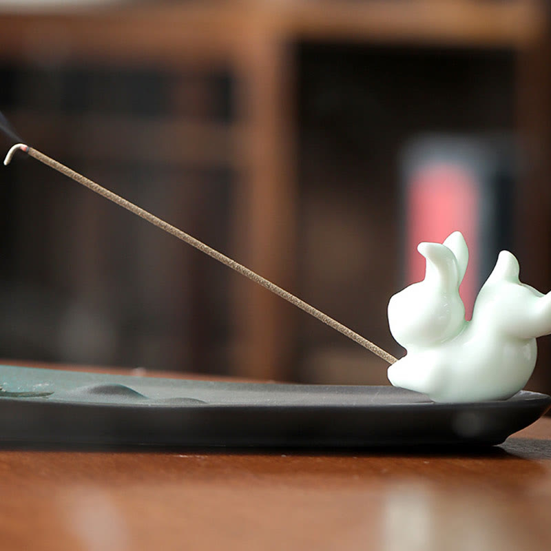 Quemador de incienso de cerámica con forma de conejo, luna y Buddha Stones, PiXiu, para curación de montañas