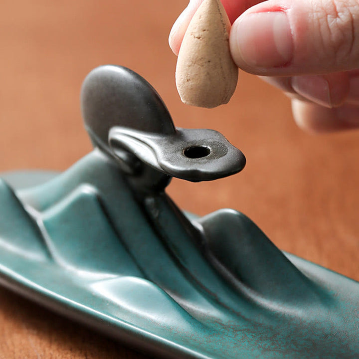 Quemador de incienso de cerámica con forma de conejo, luna y Buddha Stones, PiXiu, para curación de montañas