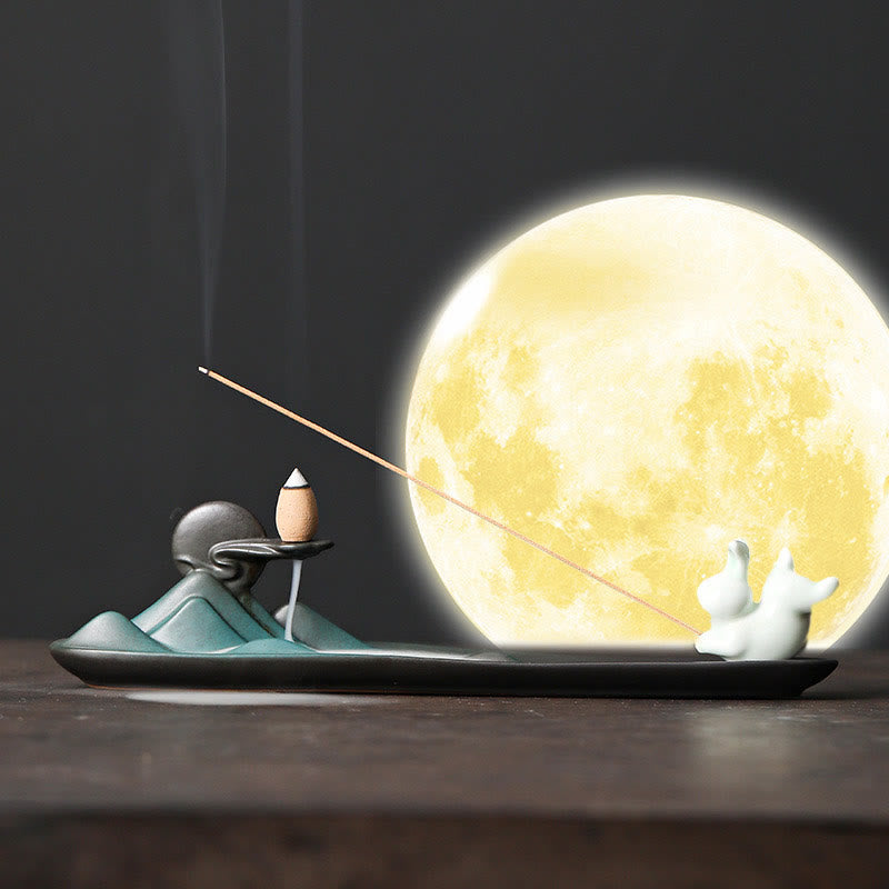 Quemador de incienso de cerámica con forma de conejo, luna y Buddha Stones, PiXiu, para curación de montañas