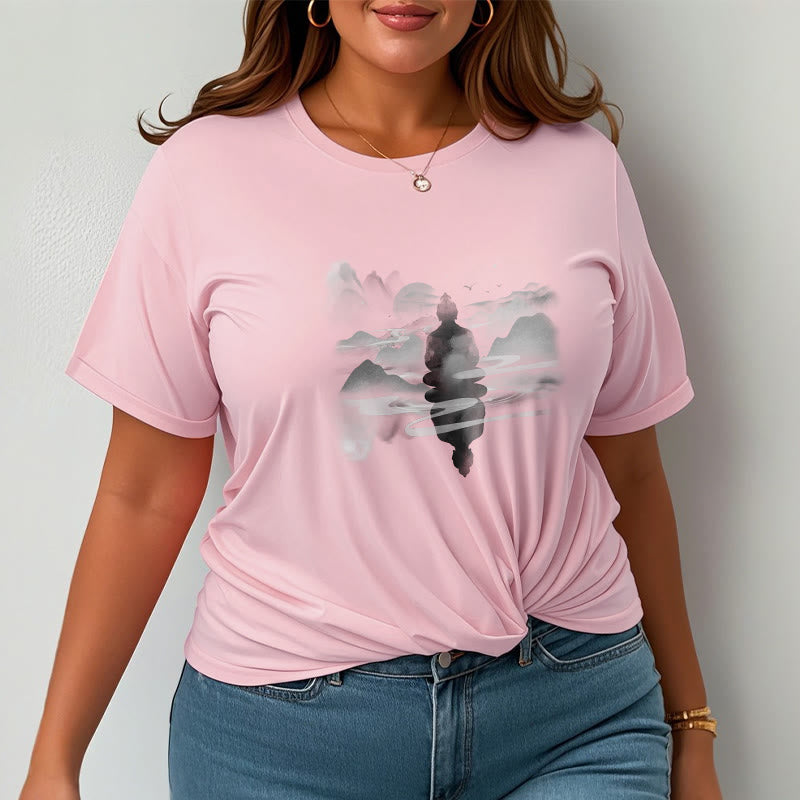 Camiseta de algodón con estampado de Buda sentado en las montañas y Buddha Stones meditando - image 10