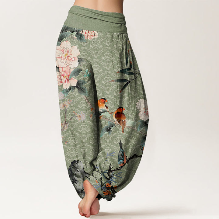 Pantalones harén con cintura elástica para mujer, diseño de mandala, ramas de flores en flor, pájaros, currucas y Buddha Stones - image 3