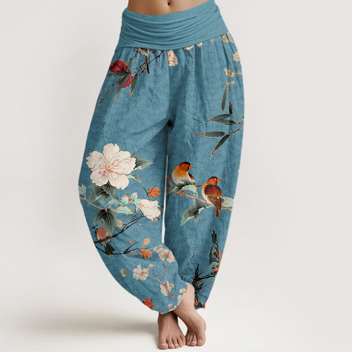 Pantalones harén con cintura elástica para mujer, diseño de mandala, ramas de flores en flor, pájaros, currucas y Buddha Stones - Turquesa oscuro - US22,UK/AU26,EU54 (6XL) - image 5